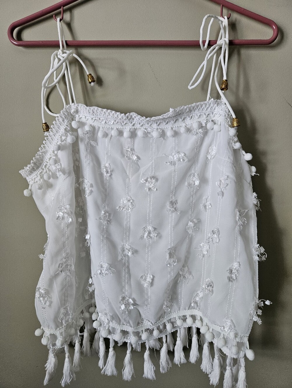Cotton Blend Cami Spaghetti Strap Boho Tassle Hem Textured Pompom Detail Wmns L